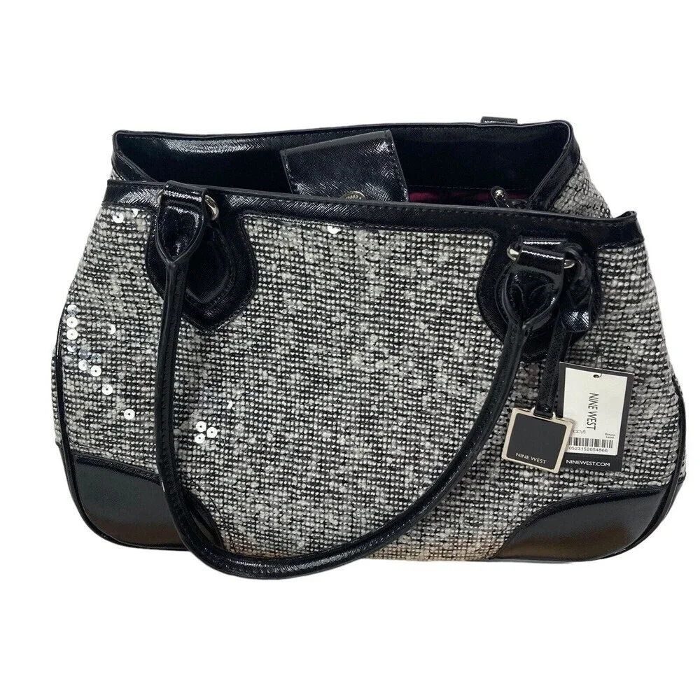 NWT NINE WEST‎ Handbag Satchel Double Handle Black White Sequins  15x10x5.5